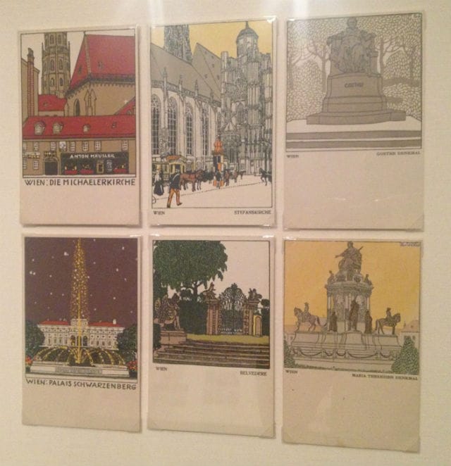 Postcards by Urban Janke, top left, top center, and bottom left