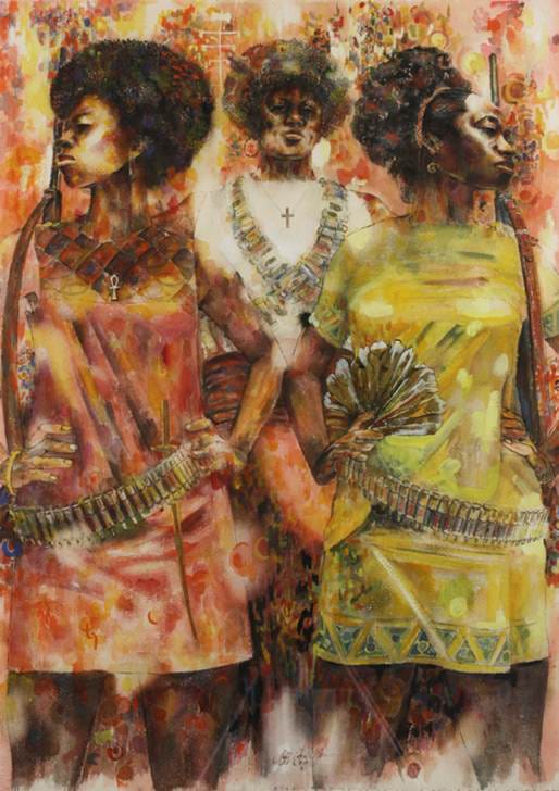 Jeff Donaldson (American, 1932-2004). Wives of Shango, 1969. Watercolor with mixed media on paper, 30 x 22 in. (76.2 x 55.9 cm). Brooklyn Museum, Gift of R.M. Atwater, Anna Wolfrom Dove, Alice Fiebiger, Joseph Fiebiger, Belle Campbell Harriss, and Emma L. Hyde, by exchange; Designated Purchase Fund, Mary Smith Dorward Fund, Dick S. Ramsay Fund, and Carll H. de Silver Fund, 2012.80.13