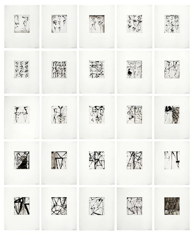 Etchings to Rexroth, 1986, by Brice Marden (American, b. 1938). Print; sugarlift, aquatint, openbite, drypoint, and scraping. San Francisco Museum of Modern Art, Purchase through a gift of Mimi and Peter Haas; © 2012 Brice Marden / Artist Rights Society (ARS), New York, 87.35.1-25.  (Image courtesy the Asian Art Museum)