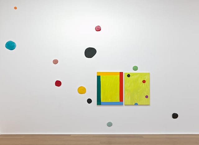Mary Heilmann, "Good Vibrations Diptych, Remembering David" (2012). Oil on canvas and 11 glazed ceramic dots, painting diptych 40 x 60 inches – installation size variable