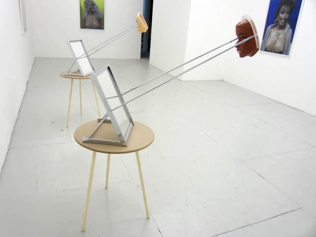 Narcissister, Narcissister Is You, Sculpture 1 and 2, 2012, plastic mask, chrome, mirror and wood