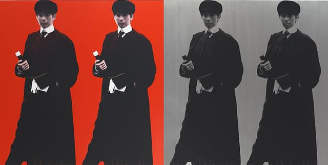 Deborah Kass, "Double Double Yentl (My Elvis)" (1993), silkscreen on canvas, 72 x 72 inches (image via Paul Kasmin Gallery)