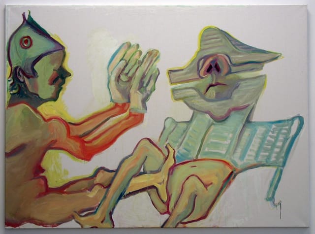 Maria Lassnig, “Fraternite” (2008). Oil on canvas, 59.06 x 78.74 inches. (All images by the author for Hyperallergic.)
