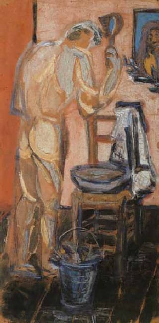 Pier Paolo Pasolini, "Man Washing" (1947). Tempera and pastels on thin brown paper, 23.62 x 11.65 inches. (all images via academia.edu)