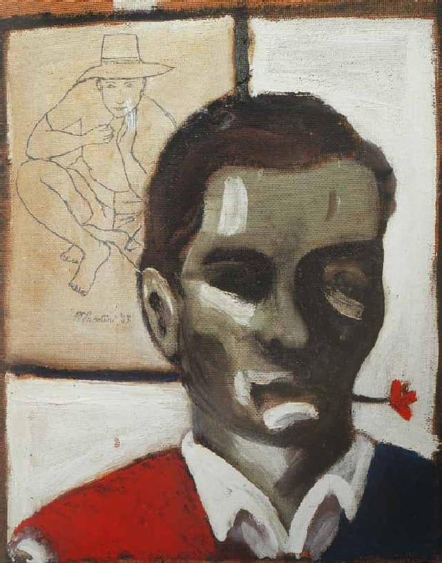 Pier Paolo Pasolini, "Self-Portrait with a Flower in His Mouth" (1947). Oil on hardboard, 16.73 x 13.58 x .78 inches.