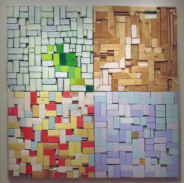 Cordy Ryman, "Wave Echo Scrap Ghost" (2012). Mixed media on wood.