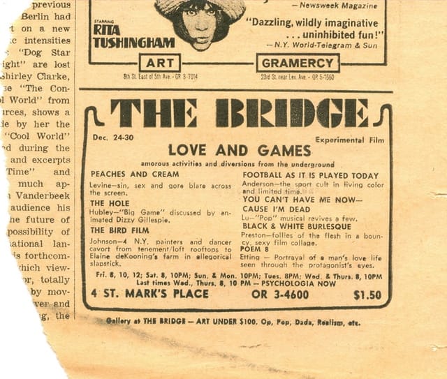 Advertisement for "The Bird Film" directed by Eddie Johnson, Steve Poleskie and Elaine de Kooning. The Village Voice (mid-1960s). Courtesy Steve Poleskie.
