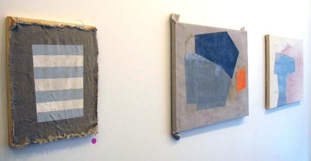 Sharon Butler, "Vent" (2013), pigment and silica binder, staples on laundered linen, 12 x 12 inches; "Soaked (Hurricane)" (2013), pigment and silica linen tarp, 18 x 24inches; "Pinkish (Hurricane)" (2013), pigment and silica linen tarp, 18 x 24inches.
