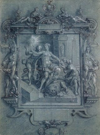 Cornelis Ketel, "The Mirror of Virtue" (c.1595). Black chalk, pen in brown, brush in grey, on blue paper. Rijksmuseum, Amsterdam. (Image via Web Gallery of Art) 
