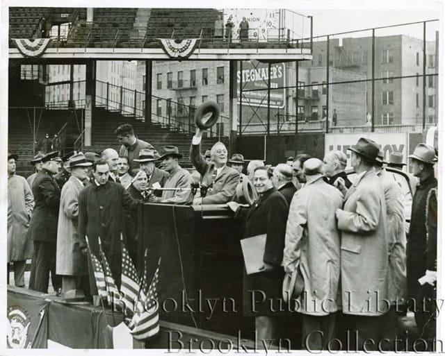 From the Brooklyn Eagle, "Ebbets Field welcome," showing President Franklin D. Roosevelt at Ebbets Field (1944)