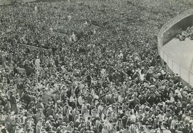 From the Brooklyn Eagle, "Fans in the bleachers" (at Yankee Stadium, probably during Dodgers-Yankees World Series game on September 30, 1947) (1947)