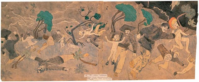 Henry Darger, "18 At Norma Catherine. But wild thunderstorm with cyclone like wind saves them." (mid-20th century), watercolor, pencil, colored pencil, and carbon tracing on pieced paper, double-sided, 19 1/8 x 47 3/4 in. (image via American Folk Art Museum)