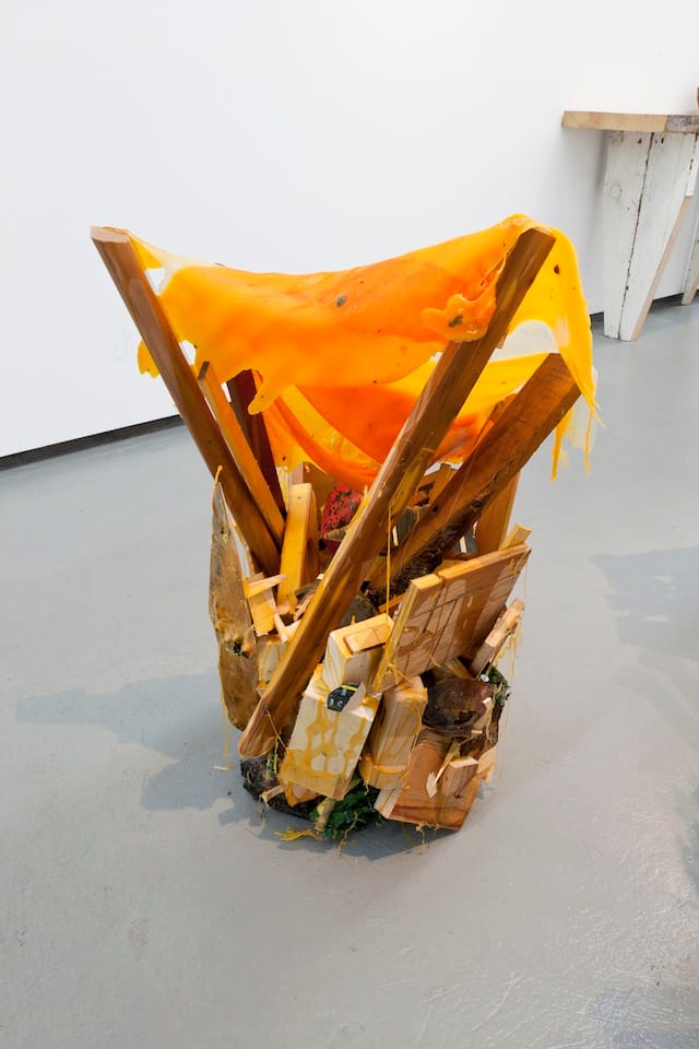 Environmental Services, "Everyone's Stuff/My End of Show Scrap" (2013). Wood scraps, toy soldiers, metal, sanding disc, gum, wood glue, 32 x 20 x 18 inches. Photo: Carly Gaebe.