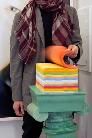 Christopher Ho, "Trout College" (2013), screenplay atop green marble resin podium (click to enlarge)