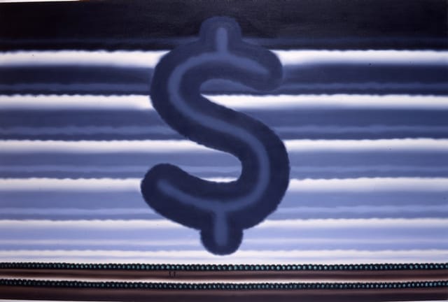 Roger Brown, Landscape with Dollar Sign, 1991. Oil on canvas, 48 x 72 inches.