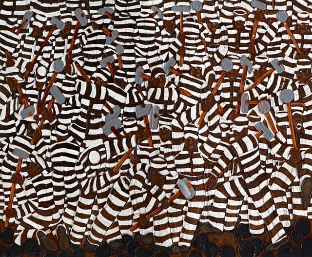 Winfred Rembert, "All Me II" (2002), dye on carved and tooled leather, 31 1/2 x 37 3/4 in (image via flintarts.org)