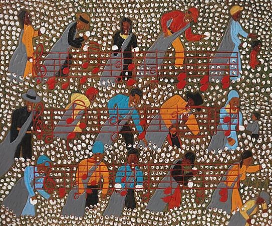 Winfred Rembert, "Amazing Grace" (2008), dye on carved and tooled leather, 30 1/4 x 36 1/2 in (image via Adelson Galleries)