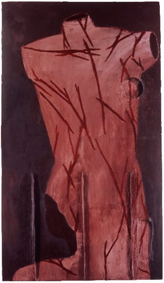 Julian Schnabel, "St. Sebastian" (1979). Oil and wax on canvas, 111 x 66 inches. (Collection of the artist, © Julian Schnabel; courtesy Oko/Luxembourg & Dayan)