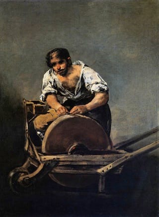 Francisco de Goya y Lucientes, "Knife Grinder" (1808-1812), Oil on canvas, 68 x 50.5 cm. Szépmûvészeti Múzeum, Budapest. (Image via Web Gallery of Art) Click to enlarge.