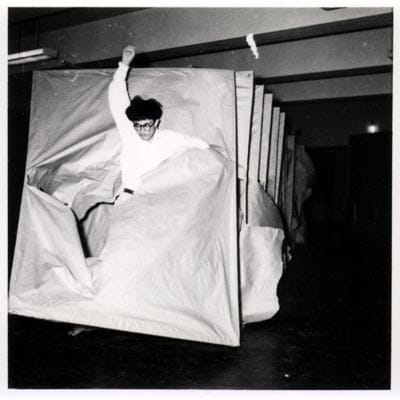  Murakami Saburō  Passing Through, 1956  Performance view: 2nd Gutai Art Exhibition, Ohara Kaikan, Tokyo, ca. October 11–17, 1956  © Murakami Makiko and the former members of the Gutai Art Association, courtesy Museum of Osaka University 