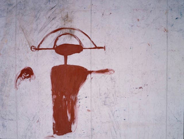 Julian Schnabel, “Mutant King” (1981). Oil on tarpaulin with wax, 108 x 144 inches. (Image via julianschnabel.com)