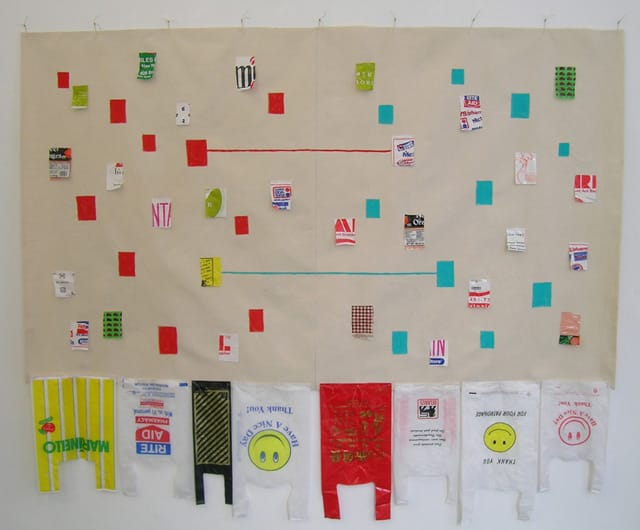 B. Wurtz, "Untitled" (2009), plastic bags, acrylic paint, string, canvas, 75 x 90 x 1 inches (image via bwurtz.com)