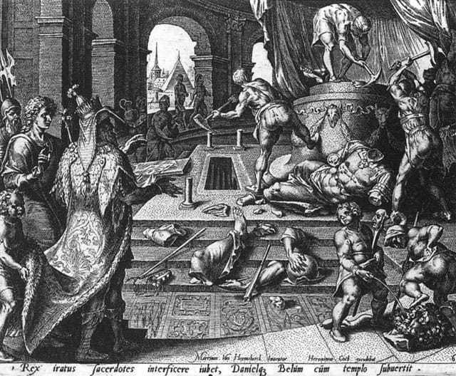 Cornelis Cort, "Destruction of the Statue of Bel" (1565). Engraving, 204 x 248 mm. Rijksmuseum, Amsterdam. (Image via Web Gallery of Art) 