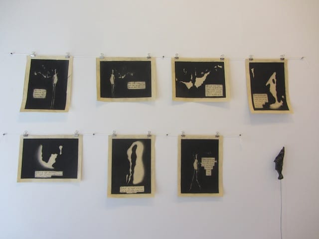Paul D’Agostino, "Floor Translations 1: The Man With Crappy Arms and Legs" (2012-2013). Sequence of seven serialized drawings, numbered on verso: charcoal and ink on buff-colored wove paper,  each 9 x 12 inches; sculpture: acrylic and polymer medium on resin, wire, wood, shellac, dimensions variable. (Installation view).