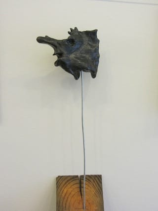 Paul D’Agostino, "Floor Translations, Sculpture 4: Herr Doktor Zweizähne and the Foundation" (2013). Detail of head of Herr Doktor Zweizähne:  acrylic and polymer medium on resin, wire, wood, shellac, dimensions variable. Click to enlarge.