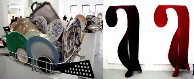 Left, Nicole Wermers displays everything but the kitchen sink - and its for sale! Right, Felt pieces by Blake Rayne (all photos by the author for Hyperallergic unless otherwise noted)