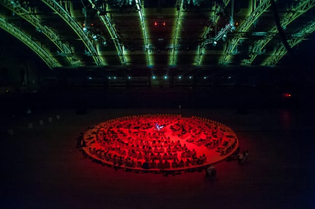 Park Ave. Armory presents Karlheinz Stockhausen's "Octophonie" with visuals by Rirkrit Tiravanija, sound projection, Kathinka Pasveer, Sound design, Igor Kavulek, and lighting design by Brian Scoot in the Drill Hall of the Park Ave. Armory on March 9, 2013. Credit: Stephanie Berger. All Rights Reserved. Photo Credit: ©Stephanie Berger.