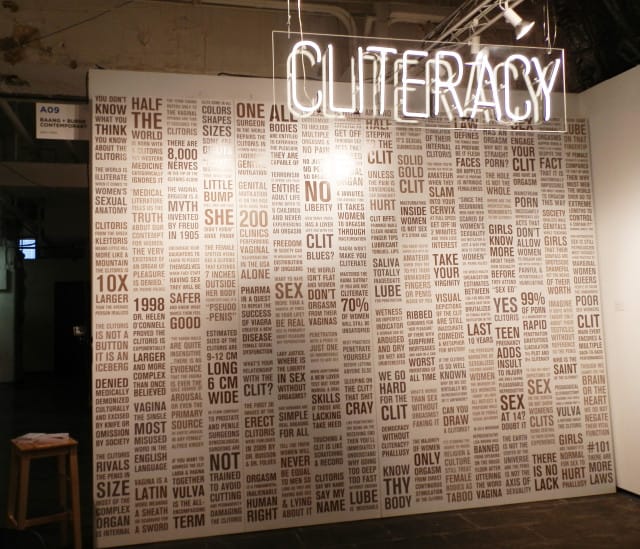 Installation view of Sophia Wallace's Cliteracy: 100 Natural Laws (2013)
