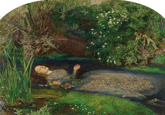 John Everett Millais, "Ophelia" (1851–52), oil on canvas, 76.2 x 111.8 cm (30 x 44 in.) (Image courtesy Tate. Presented by Sir Henry Tate 1894)