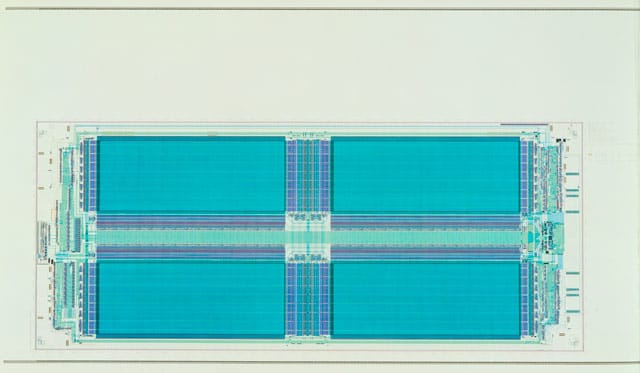 Texas Instruments, Inc., Diagram of a Dynamic Random-Access Memory Chip (DRAM), Corresponding Microchip (1985), computer-generated plot on paper and silicon, 75 3/4 x 30 1/2"