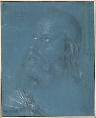 Albrecht Dürer, "Head of an Apostle Looking Up" (1508). Brush and gray and black ink, gray wash; heightened with white on blue prepared paper; fracture line from top to bottom approximately 2 cm from right edge of drawing. Overall:11 1/2 x 9 1/4 inches; overall (framed): 20 3/4 x 18 3/8 x 1 3/4 inches. Albertina, Vienna. Click to enlarge.