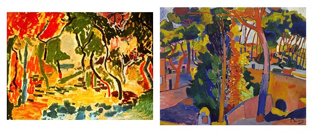 Left, Henri Matisse, "Landscape Collioure" (1905) (Image via calstatela.edu) Right Andre Derain, "Bridge over the Riou" (1906) (Image via museumsyndicate.com)