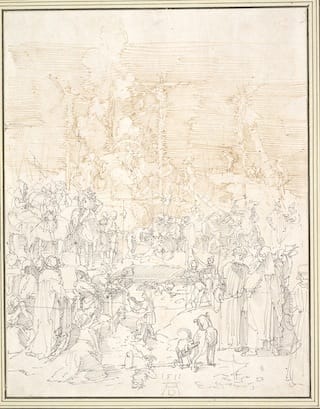 Albrecht Dürer, "Calvary" (1511). Pen and brown and black ink. Overall: 11 x 8 5/8 inches; overall (framed): 19 3/4 x 17 1/8 x 1 3/4 inches. Albertina, Vienna.