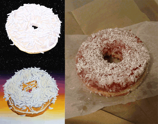 Two Kenny Scharf coconut donut paintings on left (top: "Coconut Donut in Space" and, bottom, "Coconut Donut at Dawn"), and the real live thing under black light! (Donuts via 1, 2, and GIF by Hrag Vartanian/Hyperallergic)