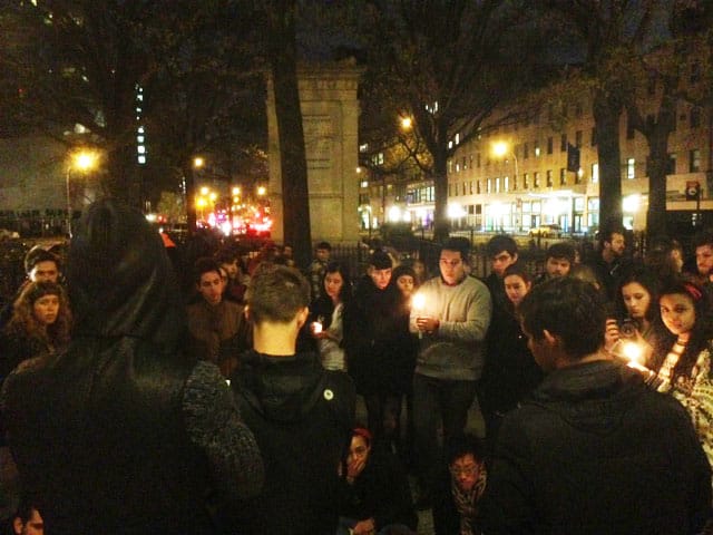 A group of Cooper Union students holds vigil earlier tonight, in the wake of an announced tuition hike at the formerly free institution (All images by the author for Hyperallergic unless otherwise noted)