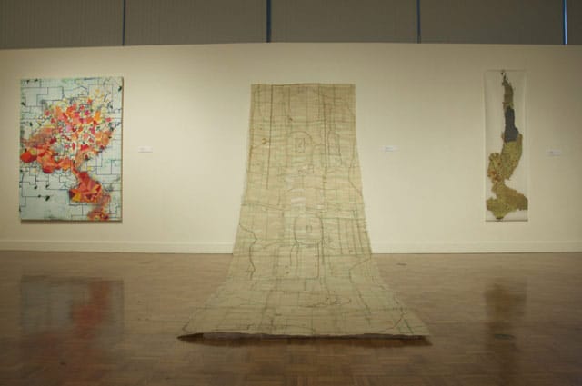 Installation view, "Contemporary Cartographies," with Sage Dawson's "Timeline" in the center
