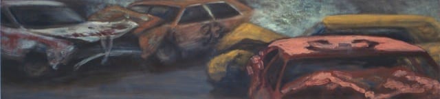 Jane Dickson, "Demo Derby Pink Car" (1987). Oil on canvas, 20 x 85 inches.