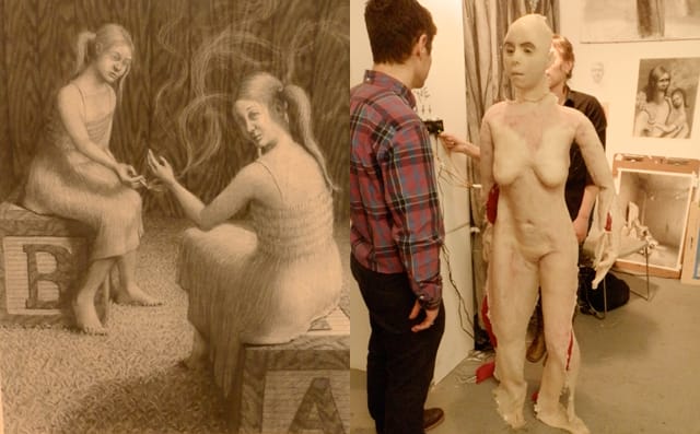 Sherry di Filippo, Baby A, Baby B, charcoal and Sherry di Filippo shows an open studio visitor her working doll