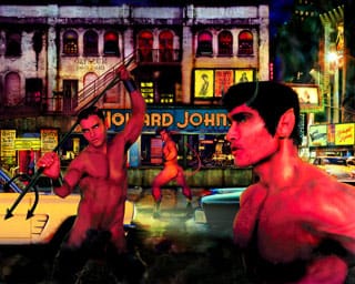 Scott Ewalt, "Gaiety Male Burlesk" (1994), archival prints, hand-varnished and mounted on decoupage frame with cigarette boxes (click to enlarge)