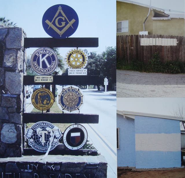 Left, City entry sign, Eagle Rock, California, right, City graffiti removal, Highland Park, California.