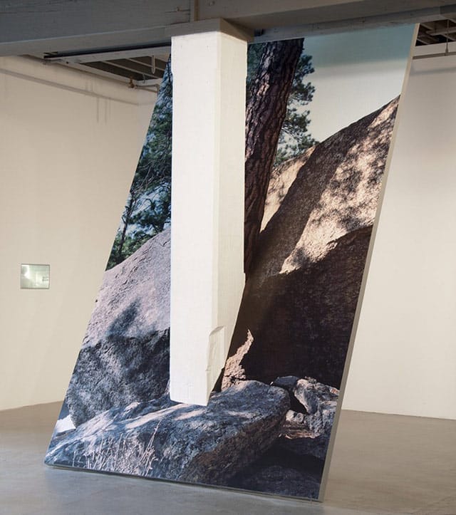 Letha Wilson, "Ghost of a Tree" (2011), digital print on vinyl, drywall, wood, paint, gallery column, 152.5 x 96 x 72" (image via jazjaz.net)