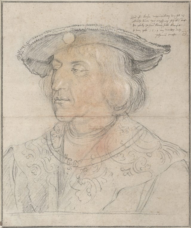 Albrecht Dürer, "Emperor Maximilian I" (1518). Black, ocher, red and white chalk, heightened in white chalk. Overall: 15 3/8 × 12 9/16 inches; overall (framed):  25 1/16 × 22 3/16 × 2 1/4 inches. Albertina, Vienna.