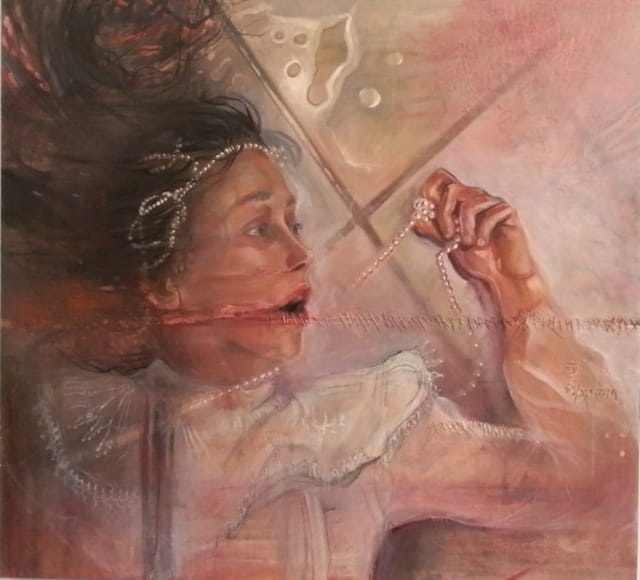Elizabeth Shupe, Self-Portrait As Ophelia Sprawled On Her Mother's Bathroom Floor (2013), oil and mixed media on canvas
