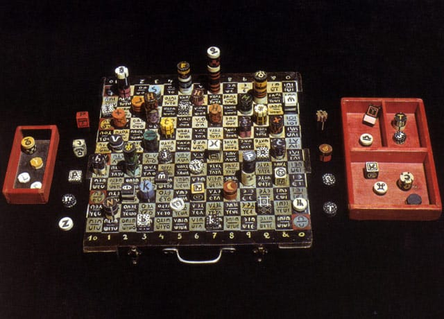Xul Solar's "Pan ajedrez" (Pan chess) (ca. 1945), box with 110 chess figures and two containers. According to spamula.net, where this photo comes from, the game was meant to be played on a 13 x 13 board, but Borges called it impossible to learn.