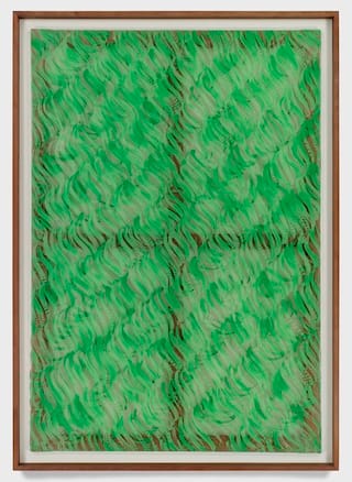 Carla Accardi, "Segni verdi" (1967). Enamel on sicofoil, 63 x 43 5/16 inches (68 x 48 3/8 x 2 1/2 inches with frame). Courtesy Sperone Westwater, New York. Click to enlarge.