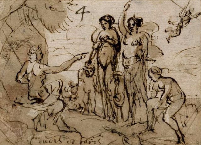 Claude Lorrain, "The Judgment of Paris" (1645-1646). Pen and brown ink, with brown wash on paper, 90 x 130 mm. British Museum, London. (Image via Web Gallery of Art )